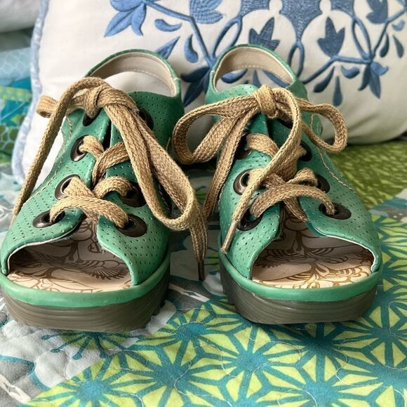 FLY LONDON Lace Up Wedge Open Toe Shoe (Dark Mint Green) - Picture 9 of 10